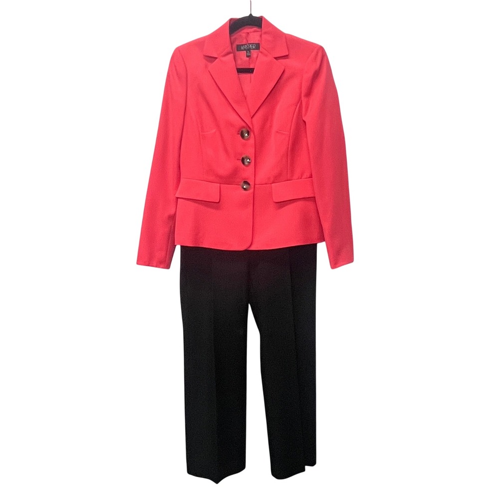 Kasper Womens 2 Pc Pant Suit Set Coral Pink Blazer Black 6 Office Classic Career